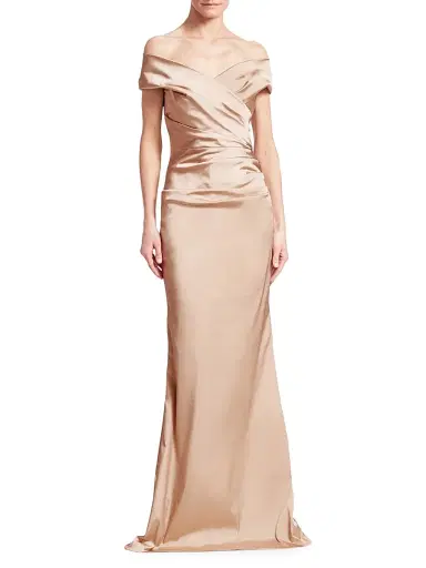 Teri Jon by Rickie Freeman Women's Off-The-Shoulder Ruched Satin Gown | Thumbnail 3