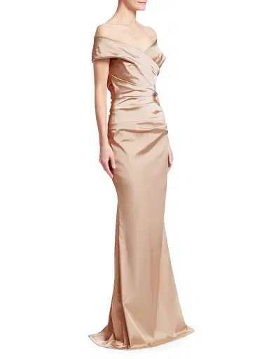 Teri Jon by Rickie Freeman Women's Off-The-Shoulder Ruched Satin Gown | Thumbnail 4