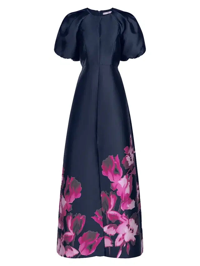 Kay Unger Women's Delfina Puff-Sleeve Gown - Midnight Pink Zinnia