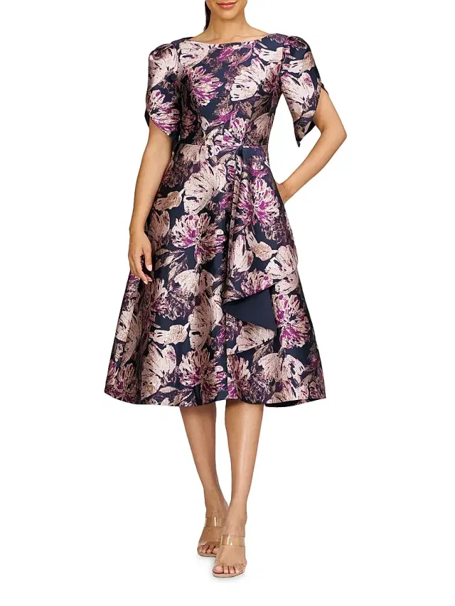Kay Unger Women's Natasha Floral Metallic Jacquard Short-Sleeve Midi-Dress - French Navy