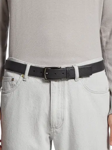 Zegna Men's Leather Belt with Triple Stitch Buckle - Black | Thumbnail 3