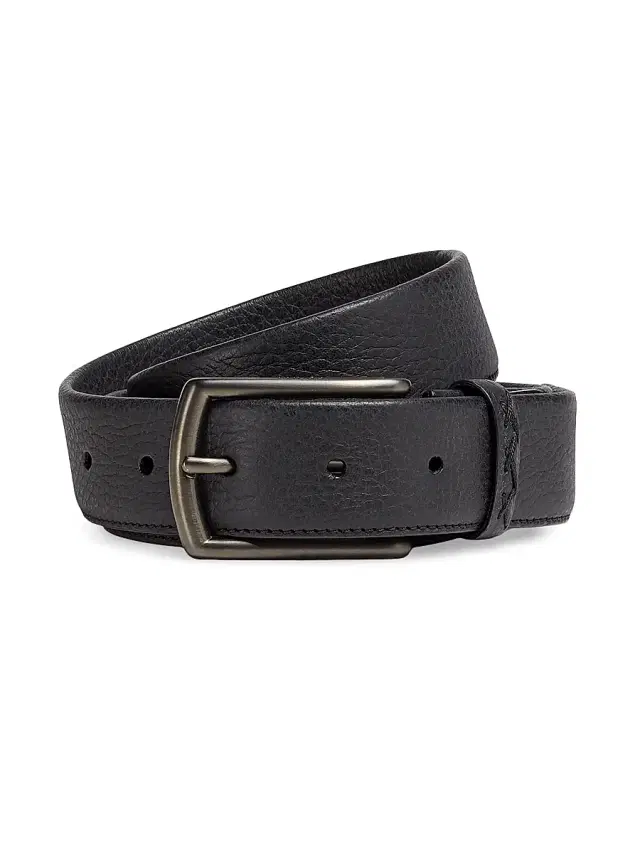 Men's Leather Belt with Triple Stitch Buckle - Black