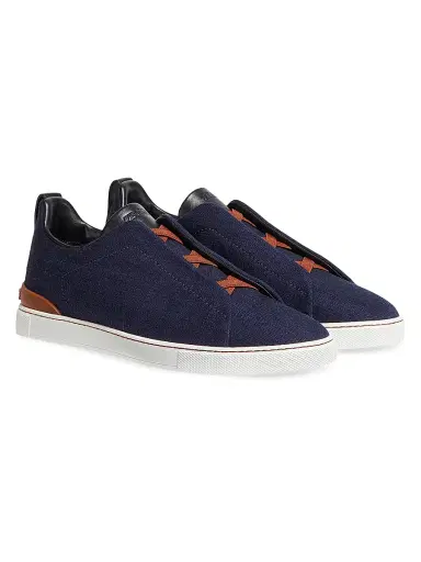 ZEGNA Men's Cotton Denim Triple Stitch Sneakers - Blue | Thumbnail 2