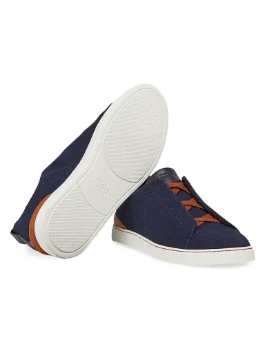 ZEGNA Men's Cotton Denim Triple Stitch Sneakers - Blue | Thumbnail 3