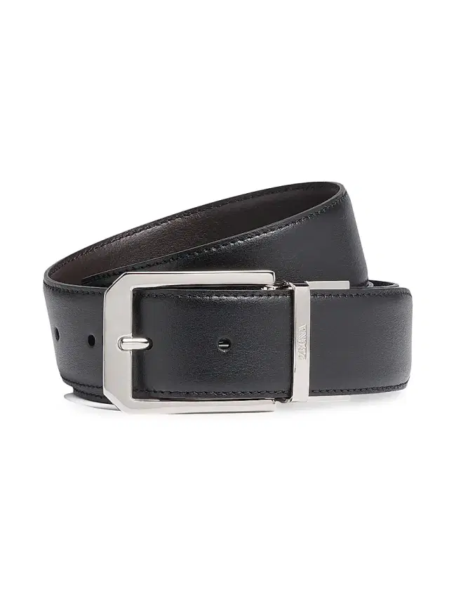 ZEGNA Men's Reversible Leather Belt - Black Dark Brown