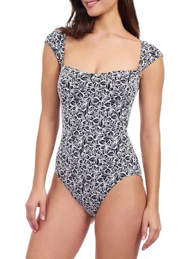 Gottex Swimwear Women's Plumeria Floral Cap-Sleeve One-Piece Swimsuit - Black White - Size 16 | Thumbnail 2