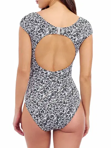 Gottex Swimwear Women's Plumeria Floral Cap-Sleeve One-Piece Swimsuit - Black White - Size 16 | Thumbnail 3