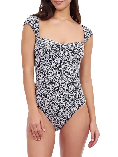Gottex Swimwear Women's Plumeria Floral Cap-Sleeve One-Piece Swimsuit - Black White - Size 16 | Thumbnail 1