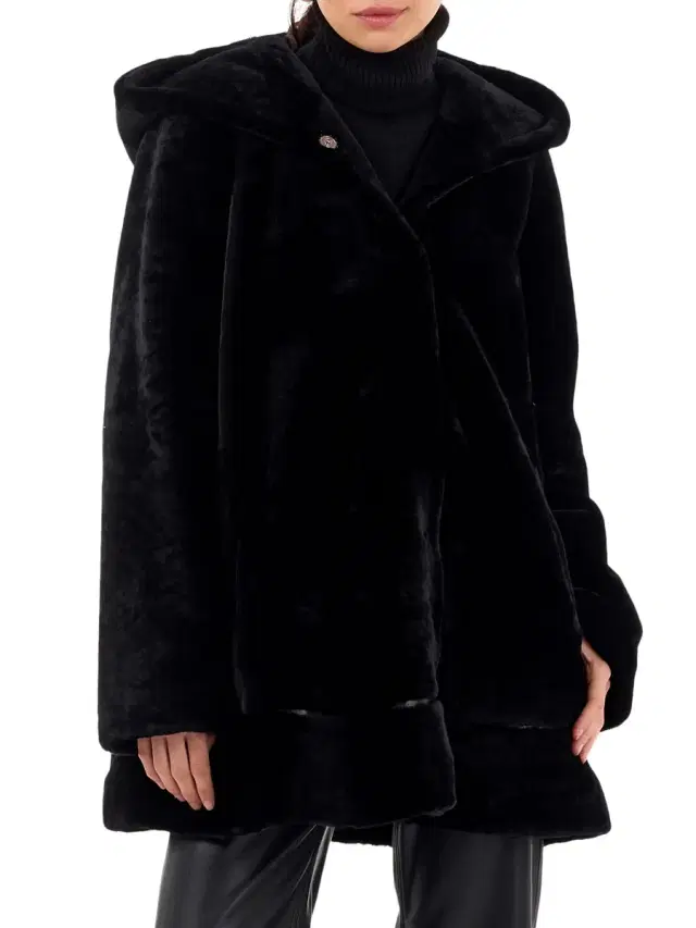 Women's Reversible Shearling Lamb Parka Jacket - Black