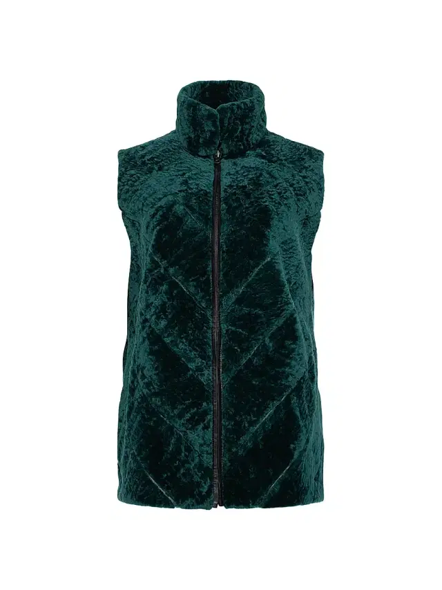 Gorski Women's Textured Shearling Lamb Zip Vest Reversible To Taffeta - Emerald