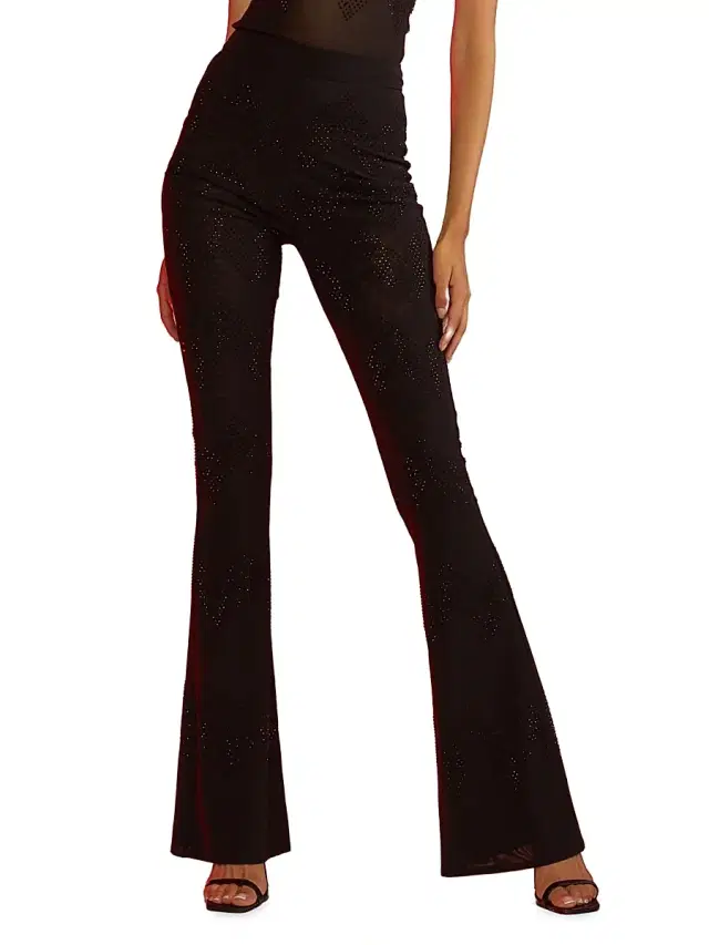 Cynthia Rowley Women's Crystal Mesh Pull-On Flare Pants - Black