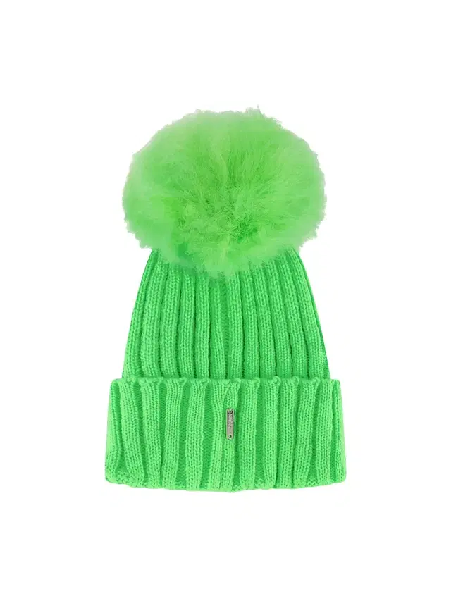 Gorski Women's Knit Hat with Toscana Lamb Pompom - Green