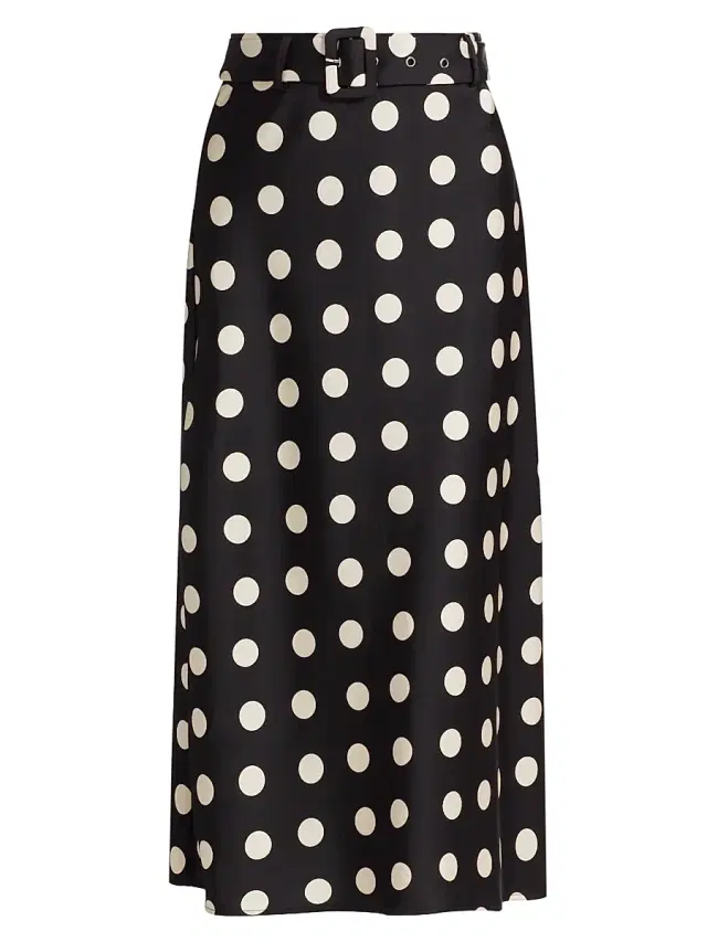 Women's Polka Dot Belted Midi-Skirt - Black