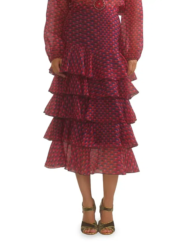 Cynthia Rowley Women's Silk Organza Ruffle Midi-Skirt - Red Navy