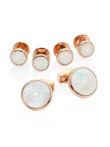 Tateossian Men's Rotondo Guilloche Mother-of-Pearl Rose Goldplated Cufflinks & Shirt Studs Set - Rose Gold | Thumbnail 1 Tateossian Men's Rotondo Guilloche Mother-of-Pearl Rose Goldplated Cufflinks & Shirt Studs Set - Rose Gold | Thumbnail 1