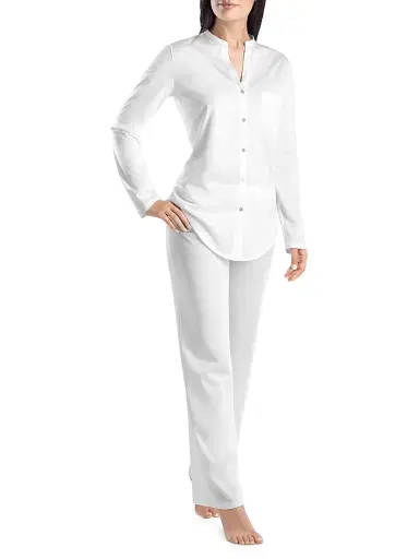 Hanro Women's Deluxe Button-Front Cotton Long-Sleeve Pajamas - White | Thumbnail 1 Hanro Women's Deluxe Button-Front Cotton Long-Sleeve Pajamas - White | Thumbnail 1