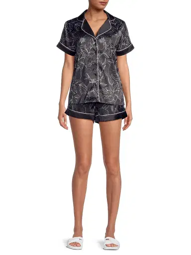 Averie Women's Leaf Print Short Pajama Set - Black - Size Large | Thumbnail 2