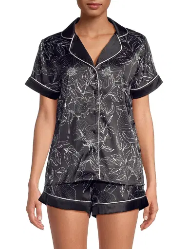 Averie Women's Leaf Print Short Pajama Set - Black - Size Large | Thumbnail 3