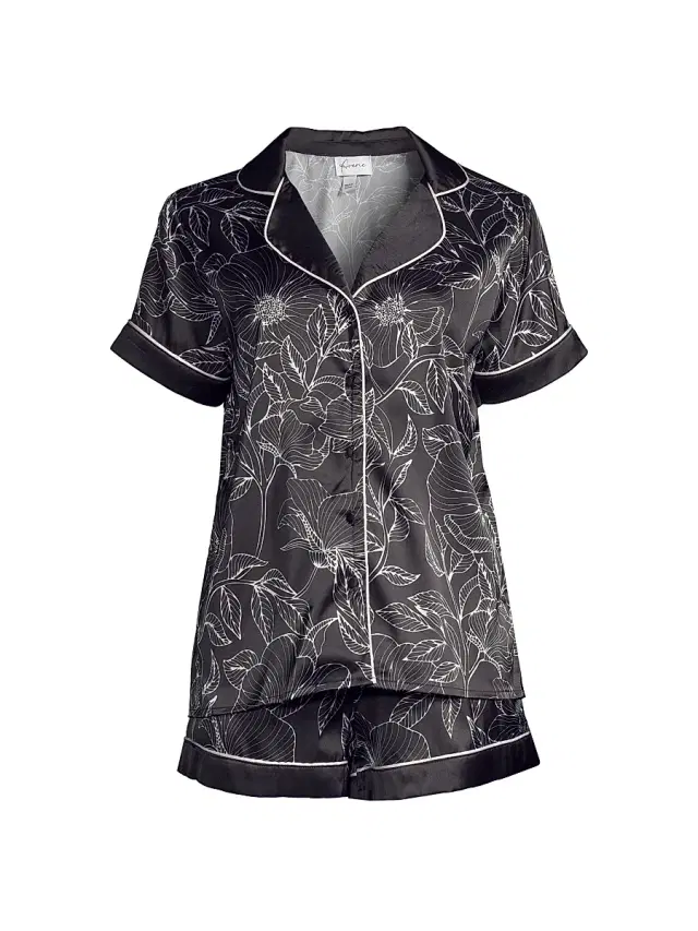 Averie Women's Leaf Print Short Pajama Set - Black