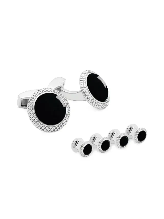 Tateossian Men's Bullseye 6-Piece Onyx & Rhodium Stud & Cufflink Set - Black