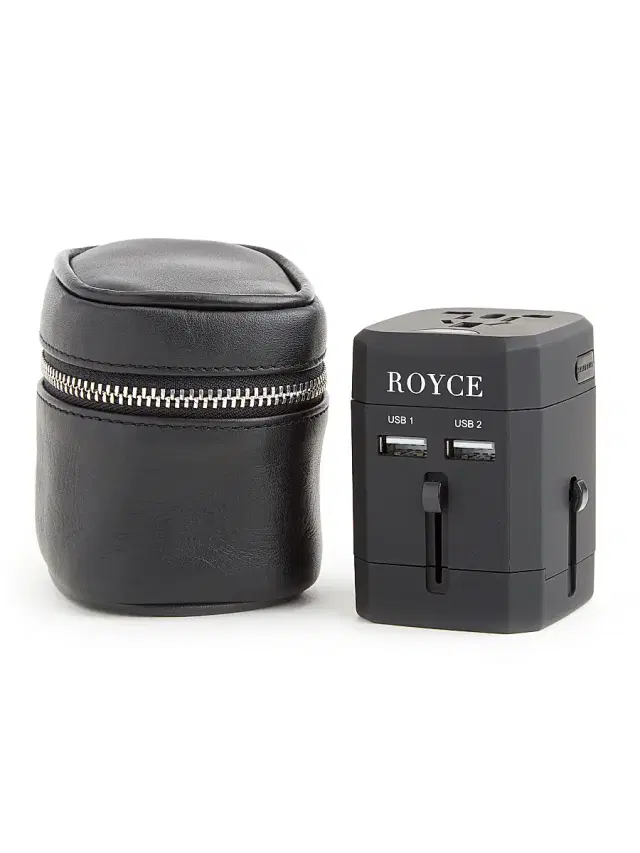 Royce New York Travel Adapter & Leather Case - Black