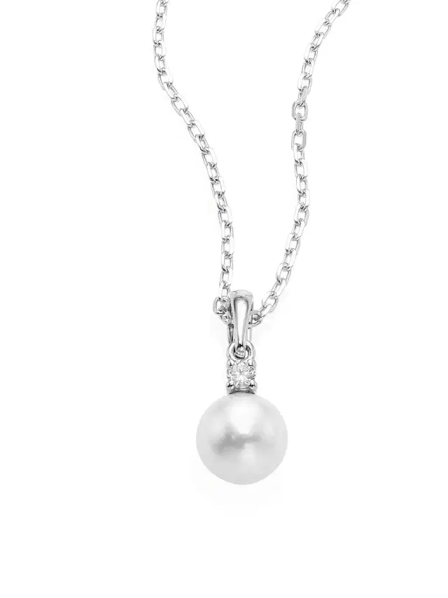 Women's Sterling Silver, 6MM White Cultured Akoya Pearl & Diamond Pendant Necklace - White Gold
