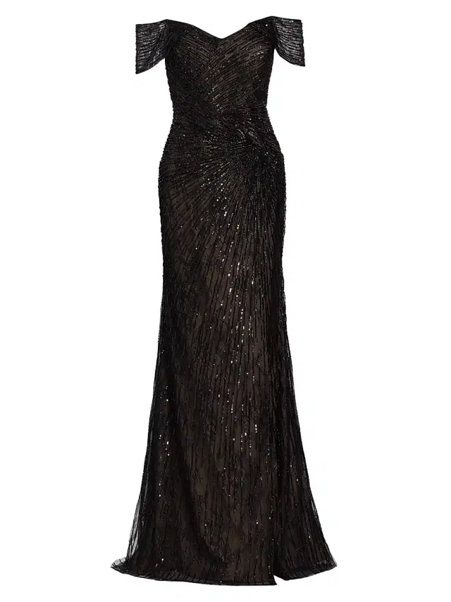Women's Sequined Off-The-Shoulder Gown - Black