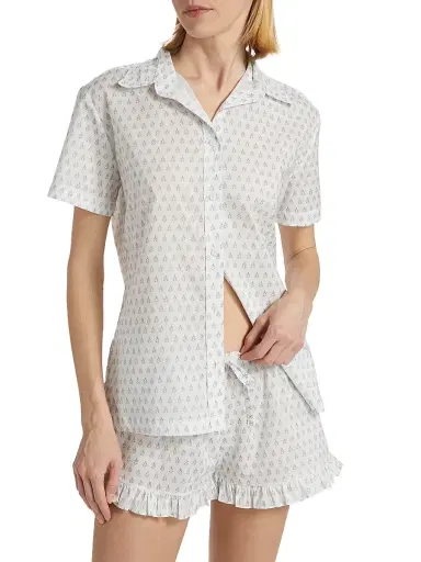 Pour Les Femmes Women's Karl Cotton Leaf-Print Frill Pajamas - Leaf Blockprint - Size XL | Thumbnail 3 Pour Les Femmes Women's Karl Cotton Leaf-Print Frill Pajamas - Leaf Blockprint - Size XL | Thumbnail 3