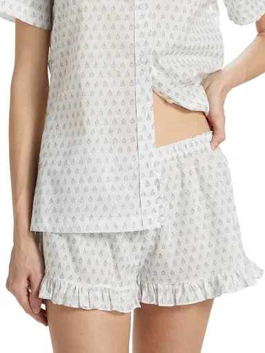 Pour Les Femmes Women's Karl Cotton Leaf-Print Frill Pajamas - Leaf Blockprint - Size XL | Thumbnail 6 Pour Les Femmes Women's Karl Cotton Leaf-Print Frill Pajamas - Leaf Blockprint - Size XL | Thumbnail 6
