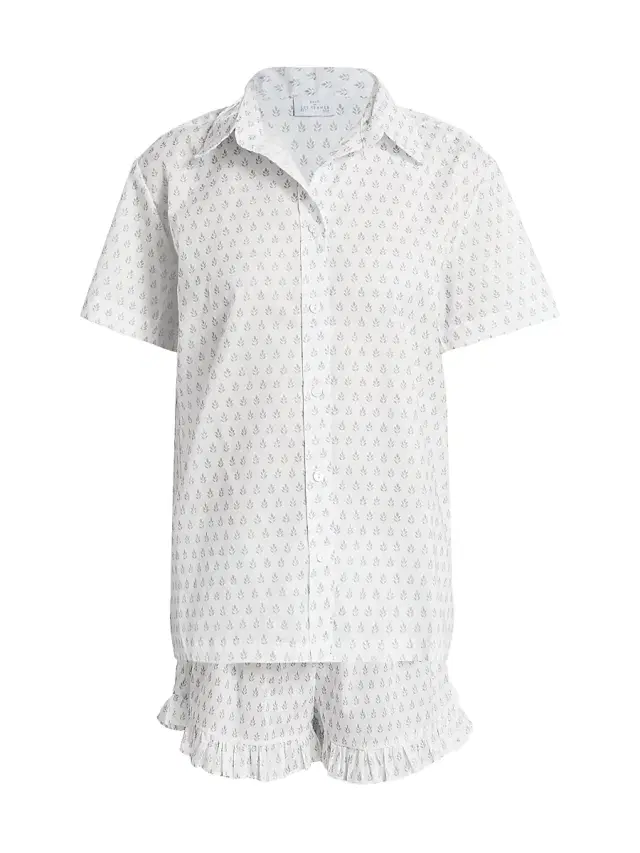Pour Les Femmes Women's Karl Cotton Leaf-Print Frill Pajamas - Leaf Blockprint