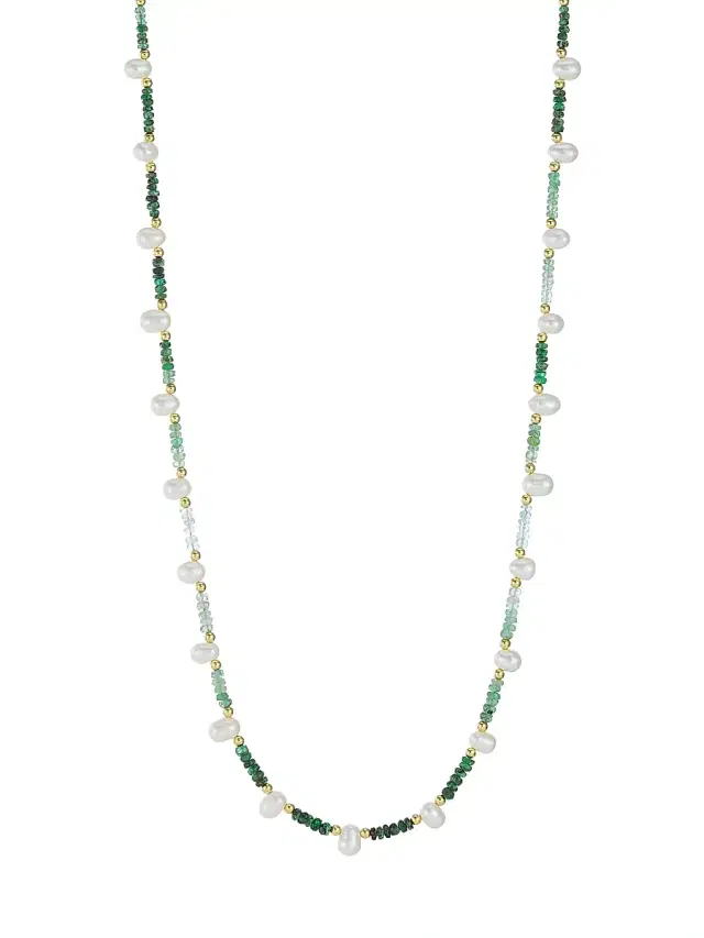 Women's 14K Yellow Gold, Emerald, & Pearl Long Necklace - Green