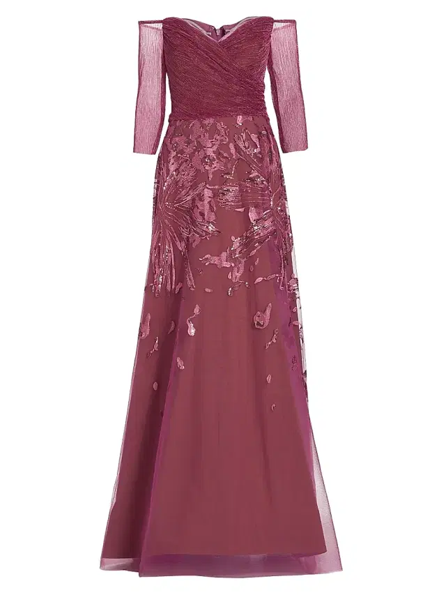 Rene Ruiz Collection Women's Metallic Embroidered Tulle Gown - Pink