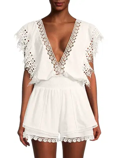 Peixoto Women's Raja Lace-Trimmed Romper - White - Size Large | Thumbnail 3