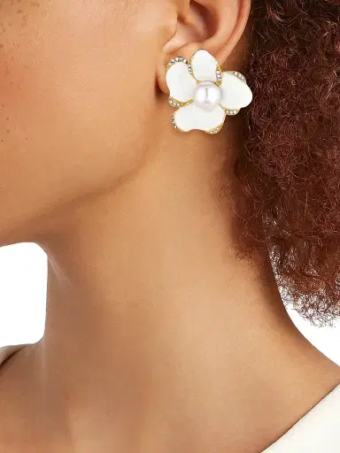 KENNETH JAY LANE Women's 22K Gold-Plated, Faux Pearl & Crystal Flower Clip-On Earrings | Thumbnail 2