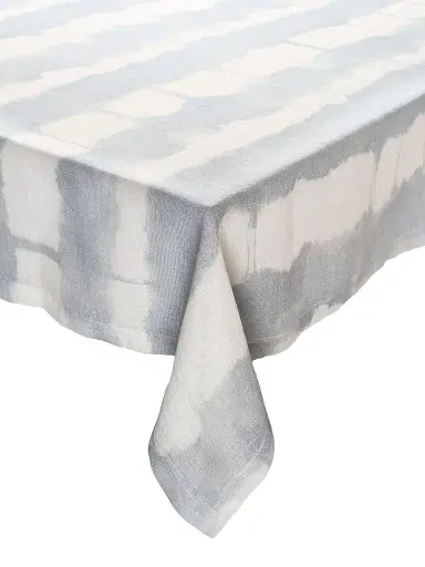 Kim Seybert Watercolor Stripe Tablecloth - White Blue Grey | Thumbnail 1