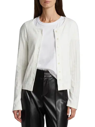 LESET Women's Pointelle-Knit Cotton Cardigan - White - Size XL | Thumbnail 3