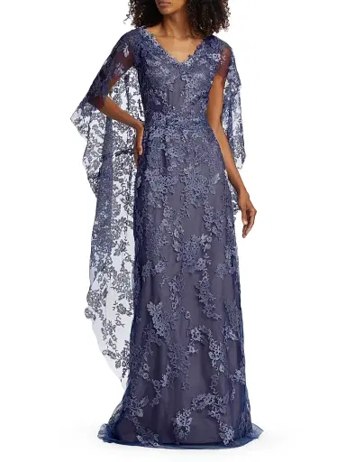 Rene Ruiz Collection Women's V-Neck Lace Cape Gown | Thumbnail 2