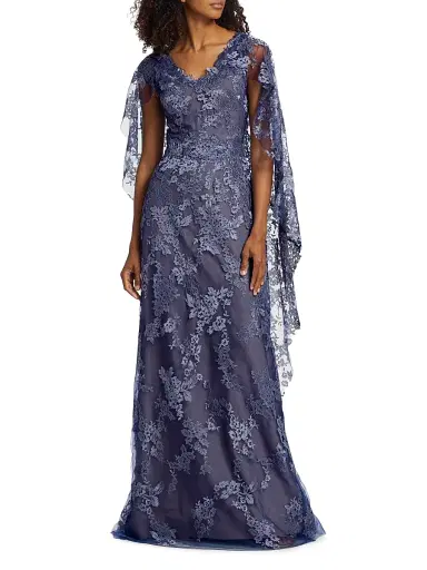 Rene Ruiz Collection Women's V-Neck Lace Cape Gown | Thumbnail 3