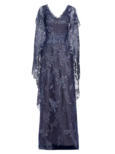 Rene Ruiz Collection Women's V-Neck Lace Cape Gown | Thumbnail 1