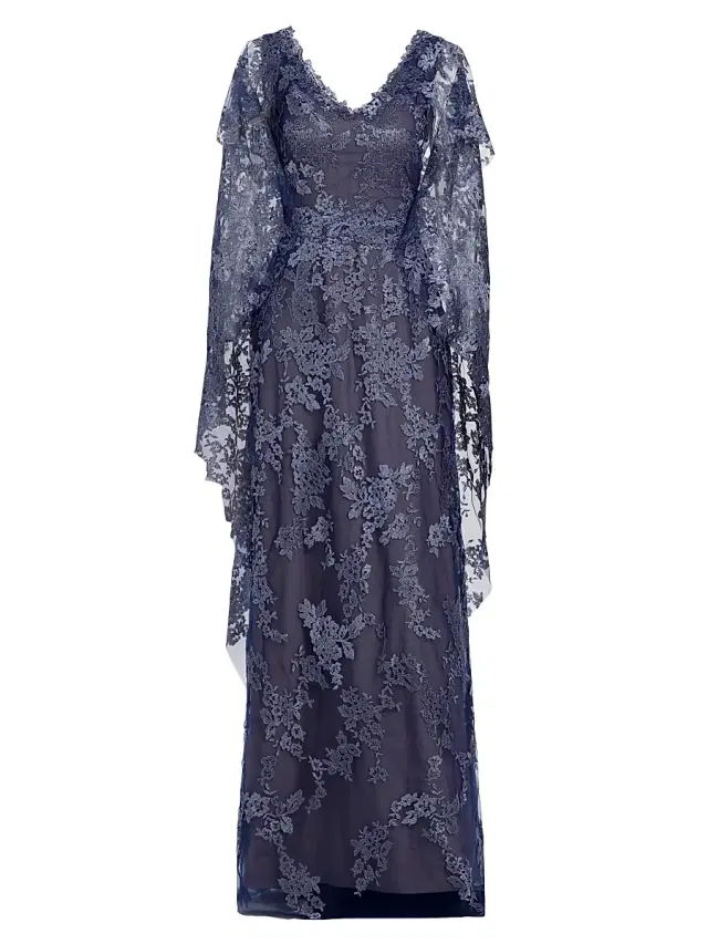 Rene Ruiz Collection Women's V-Neck Lace Cape Gown