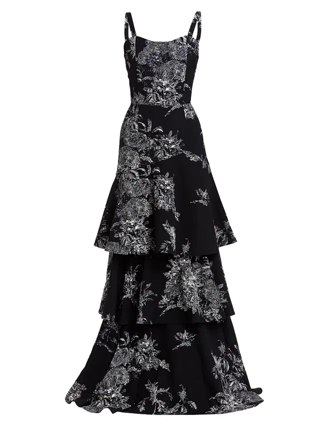 Mestiza New York Women's Torero Ruffled Floral Gown - Black Ivory - Size 14