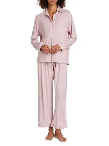 Pour Les Femmes Women's Long-Sleeve Pajama Set - Blush Piped In Cream - Size XL | Thumbnail 2
