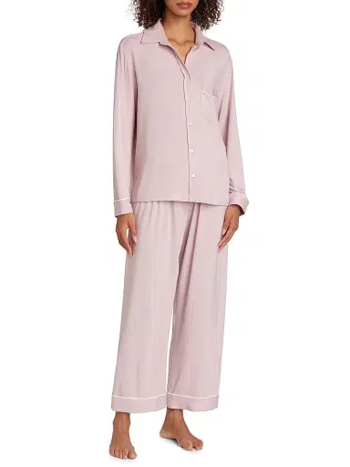 Pour Les Femmes Women's Long-Sleeve Pajama Set - Blush Piped In Cream - Size XL | Thumbnail 3