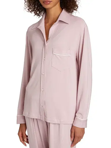 Pour Les Femmes Women's Long-Sleeve Pajama Set - Blush Piped In Cream - Size XL | Thumbnail 6