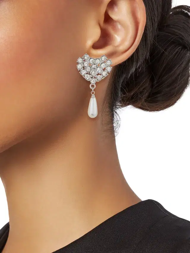 Women's Silvertone, Imitation Pearl & Crystal Heart Drop Earrings - Silver