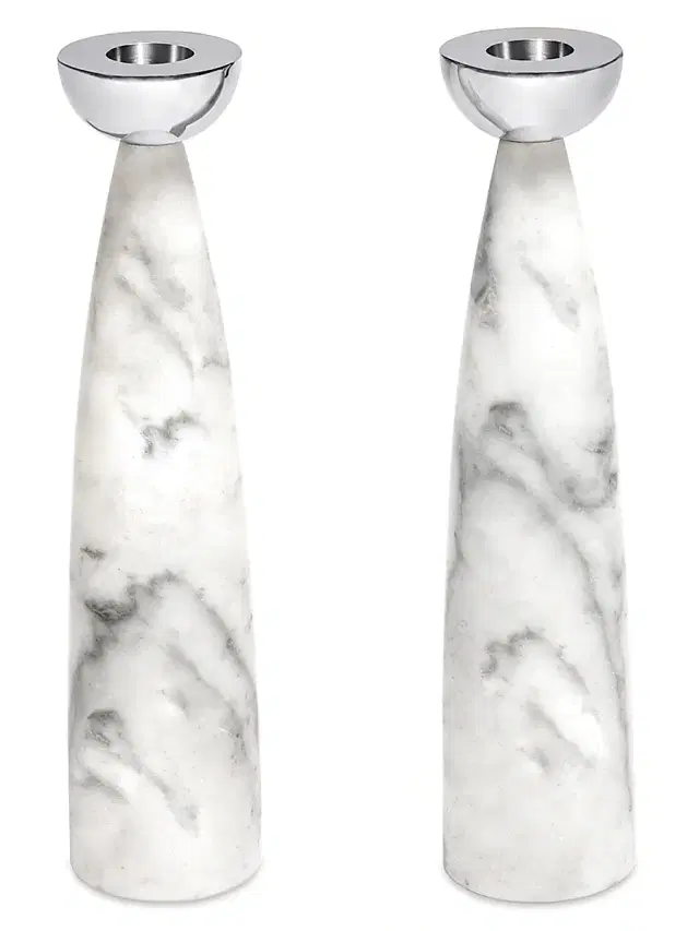 ANNA New York Coluna 2-Piece Carrara Marble & Steel Candlestick Set - Gold
