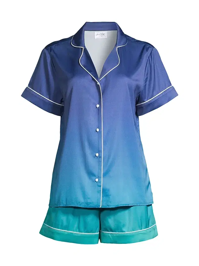 Women's Sunset Ocean Dip Ombréd Shorts Pajama Set - Blue Green