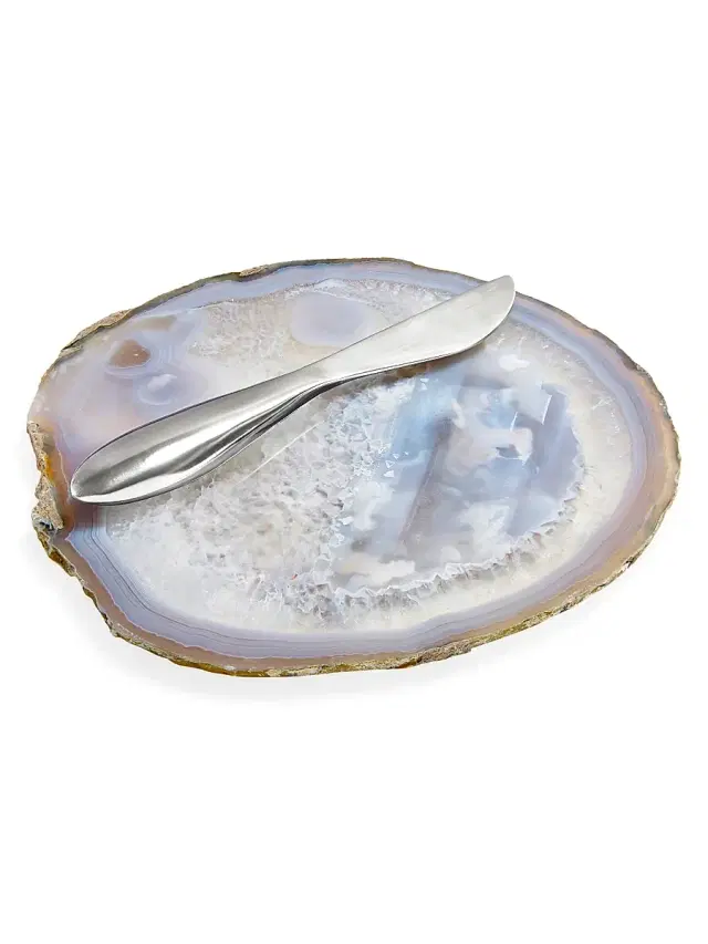 Ita 2-Piece Agate & Brass Cheese Plate and Knife Set - Grey