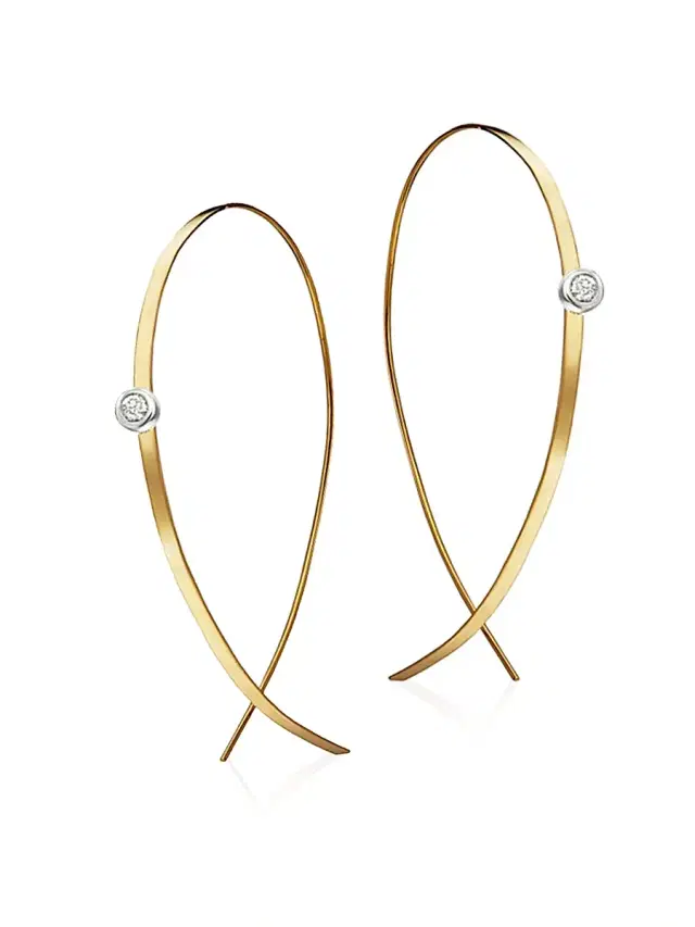 Women's Upside Down  Diamond & 14K Yellow Gold Flat Hoop Earrings/1" - Gold