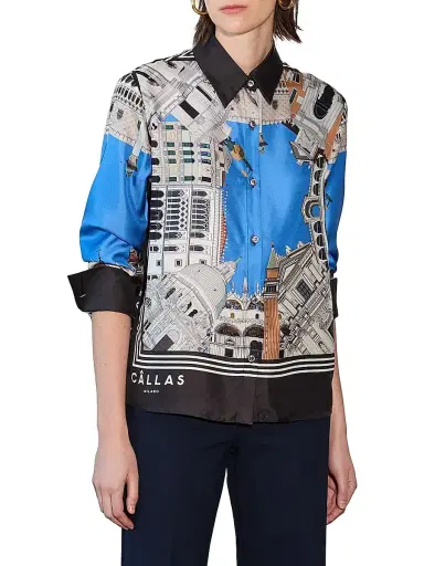 CALLAS MILANO Women's Silk Twill Shirt with Venice Scarf Print Back - Blue Black - Size 14 | Thumbnail 2